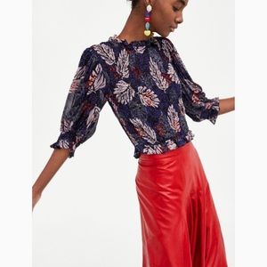 NWOT Zara Smocked Printed 3/4 Sleeve Floral Top XS